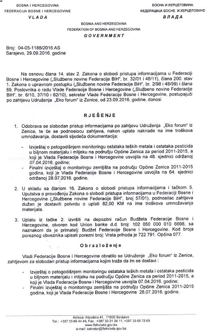 Pročitajte izvještaj petogodišnjeg monitoringa ostatka teških metala i pesticida u biljnom materijalu i mlijeku u Zenici