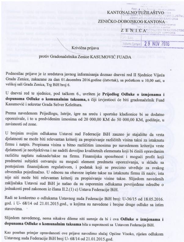 Podnesena krivična prijava protiv gradonačelnika Fuada Kasumovića