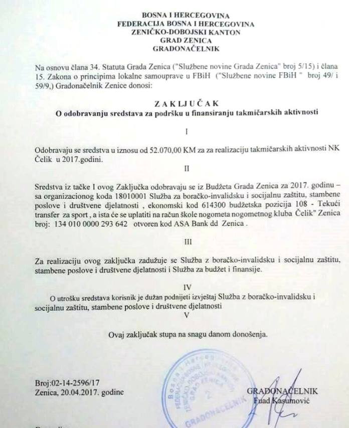 Gradonačelnik Fuad Kasumović potpisao isplatu NK Čeliku preko 50.000 KM