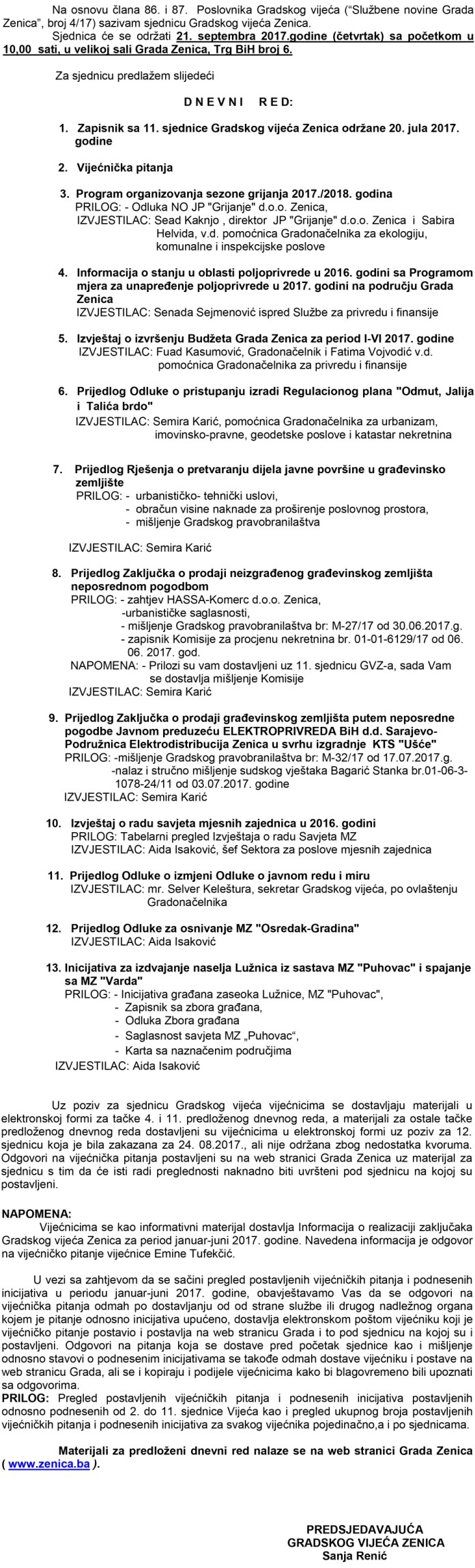 Zakazana 12. sjednica Gradskog vijeća Zenice