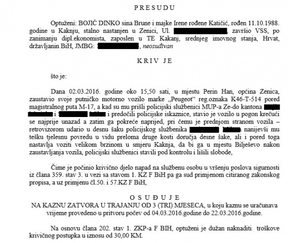 Teško povrijedio policajca u Zenici i dobio samo novčanu kaznu