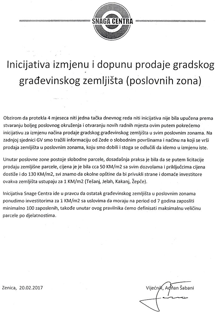 Građevinsko zemljište u 'Poslovnoj zoni Zenica 1' uskoro po cijeni od 1 KM?