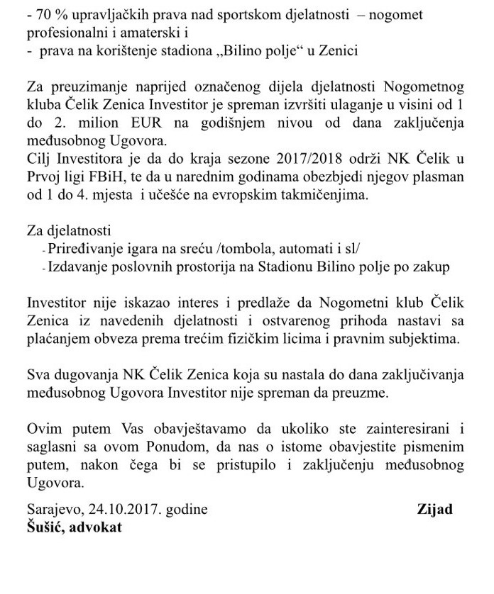 Pročitajte radnu verziju ponude za kupovinu NK Čelika