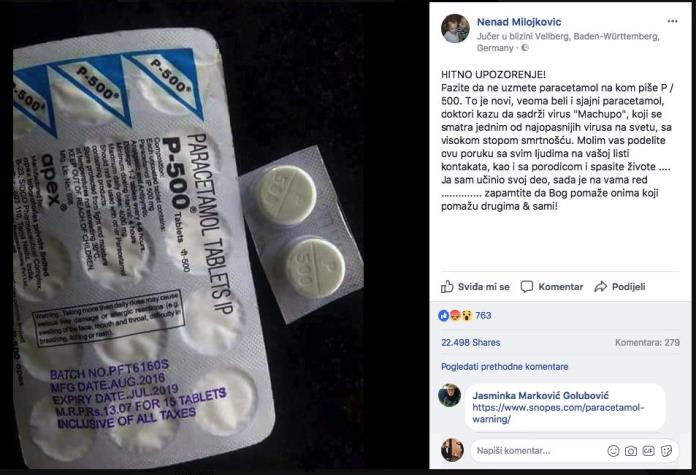 Sijanje panike po Facebooku: Nema 'smrtonosnog virusa' u Paracetamolu