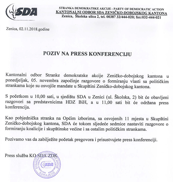 SDA počinje pregovore o formiranju vlasti u ZDK