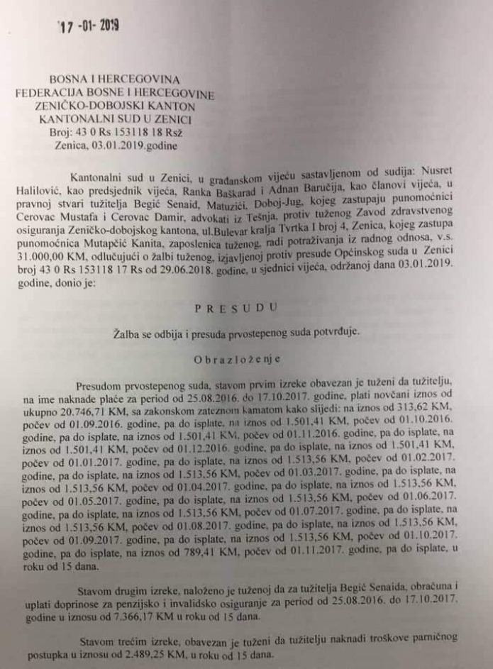 Bivši direktor ZZO ZDK Senaid Begić dobio i četvrtu, konačnu, presudu za nezakonit otkaz