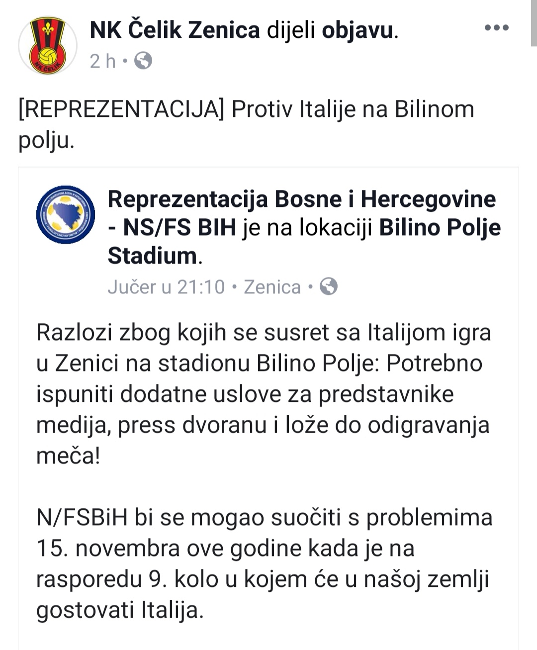 Susret sa Azzurima igra se na Bilinom Polju