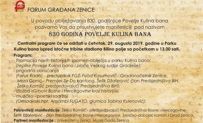 830. godišnjica Povelje Kulina bana obilježit će se u Zenici