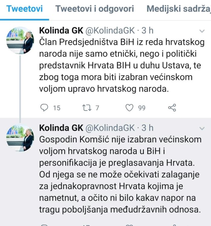 Nakon izjave o Komšiću, Kolindin ured primoran da objašnjava šta je predsjednica mislila