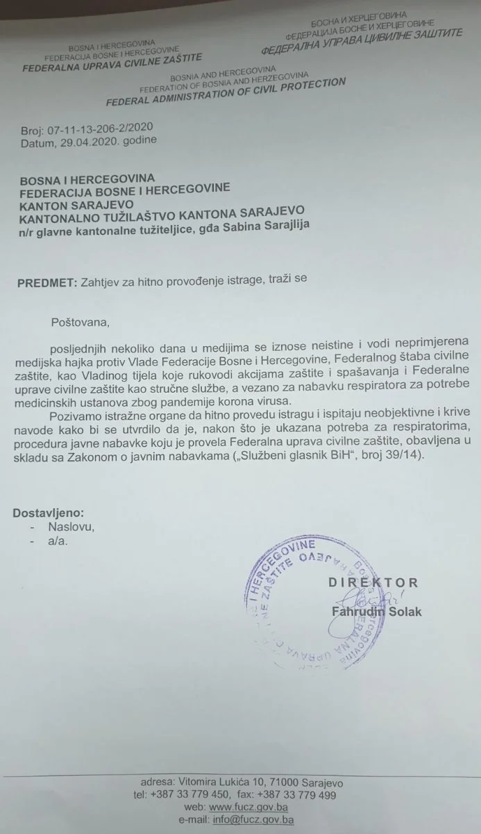 Fahrudin Solak Dopis Tuzilastvu