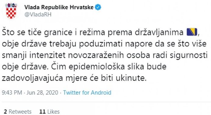 Vlada Hrvatske objavila kada će ukinuti mjeru karantina za bh. državljane Vlada Hrvatske Granica
