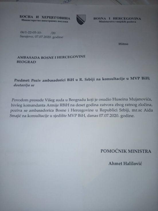 Bosna I Hercegovina Privremeno Povlači Ambasadora Iz Srbije