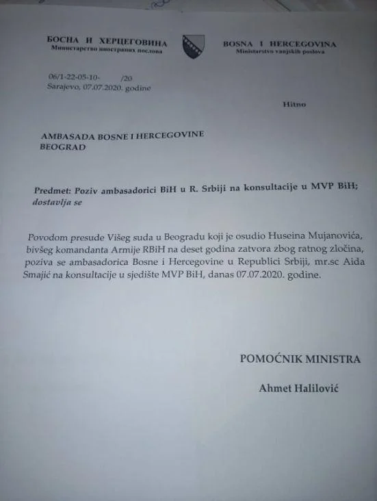 Bosna I Hercegovina Privremeno Povlači Ambasadora Iz Srbije