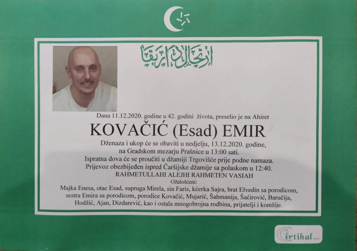 Danas dženaza Emiru Kovačiću