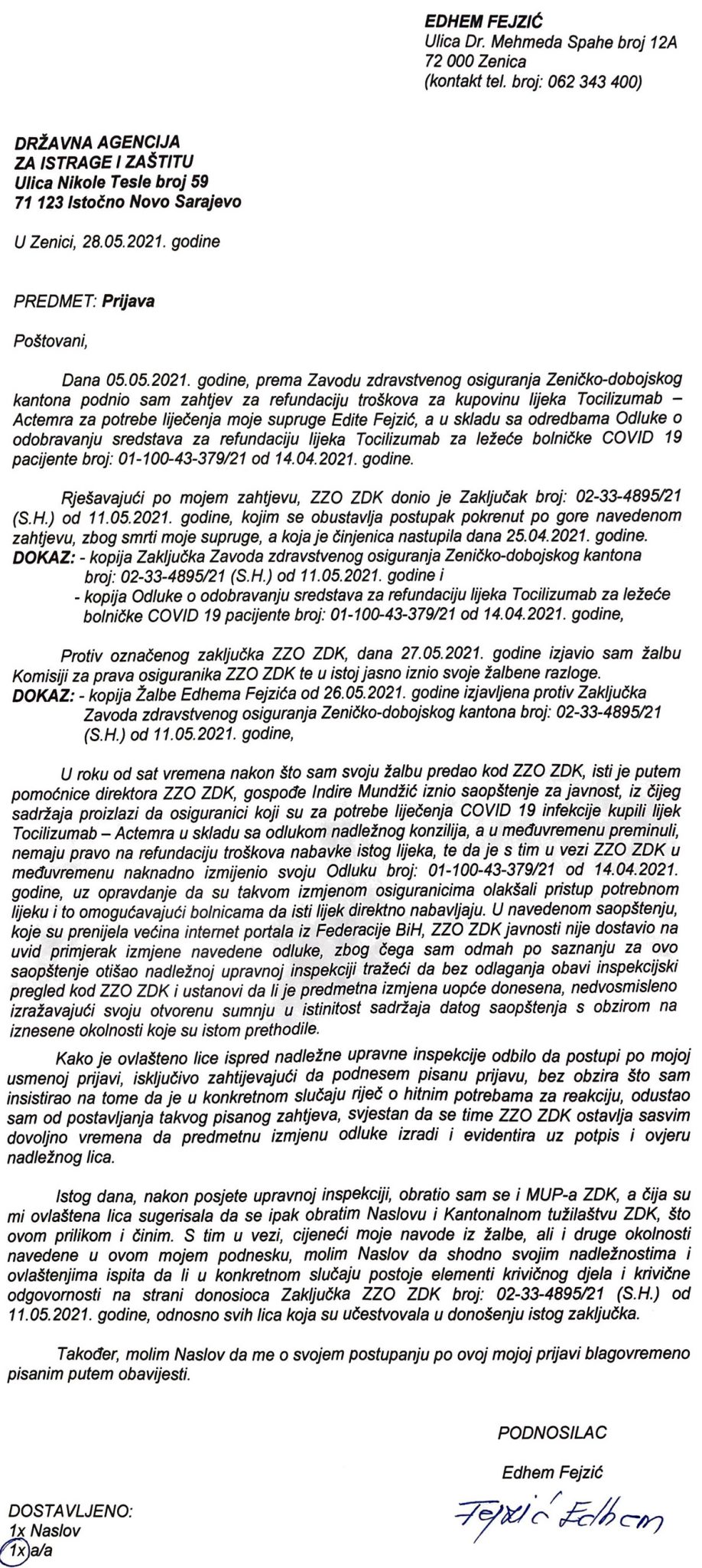 Zeničanin Zavod zdravstvenog osiguranja ZDK prijavio Tužilaštvu ZDK i SIPA-i zbog lijeka Acterma