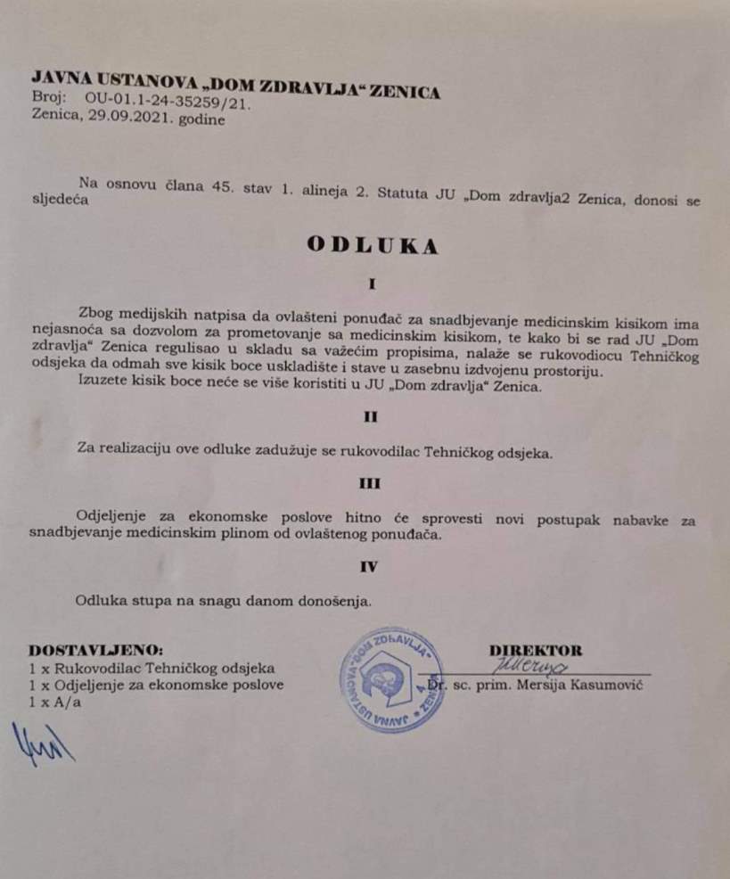 JU "Dom zdravlja" Zenica priznao da je premještao boce kisika, obrazložili i zbog čega Odluka JU Dom Zdravlja Zenica