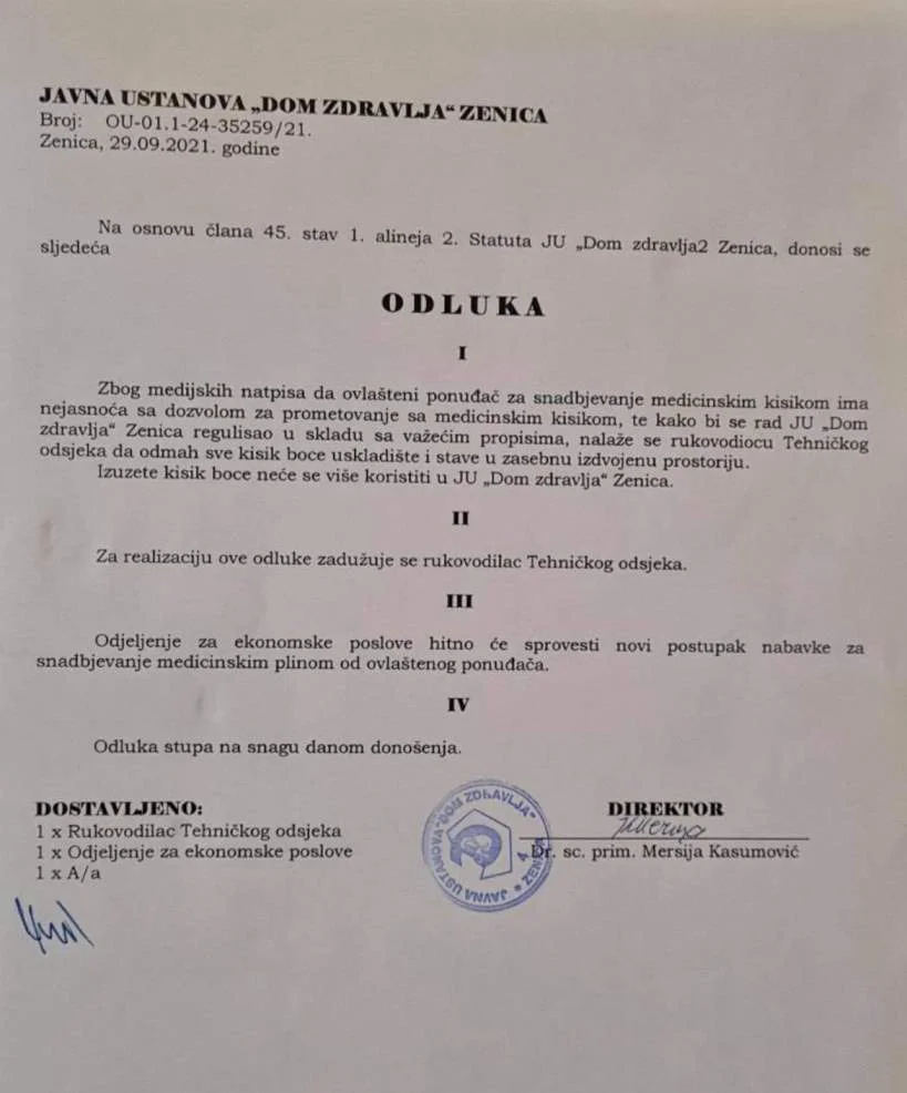 Odluka JU Dom Zdravlja Zenica