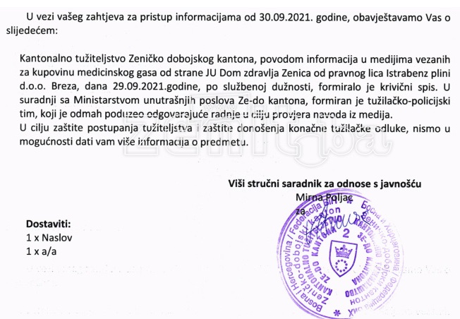 Tužilaštvo ZDK otvorilo istragu zbog nabavke kisika u JU "Dom zdravlja" Zenica
