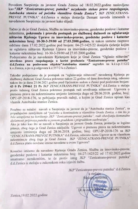 Demant Stecajnog Upravnika Zenicatrans