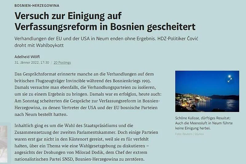 Der Standard: Pregovori u Neumu kao oni 1993. na nosaču aviona Der Standard Novine