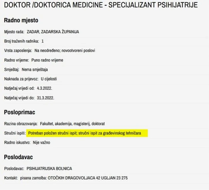 Bolnica U Hrvatskoj Trazi Psihijatra Uvjet Je Polozen Ispit Za Gradjevinskog
