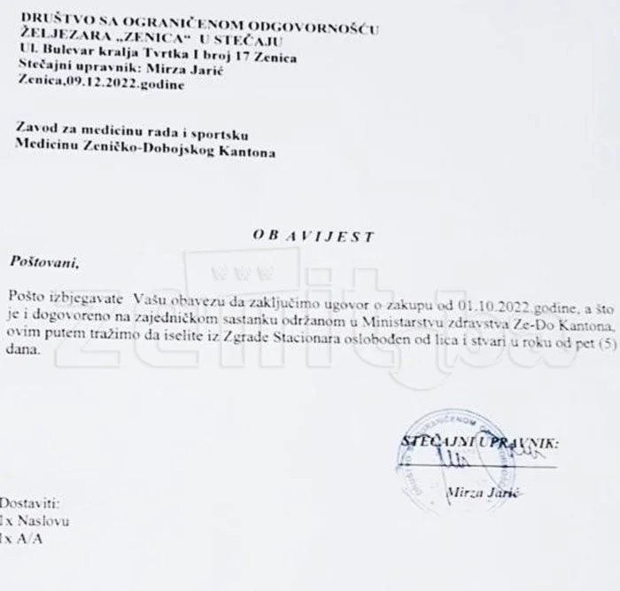 Obavijest Stacionar Kantonalna Bolnica Zenica Zeljezara Zenica