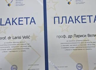 Prof.dr.sc. Larisa Velić, dekanesa Pravnog fakulteta UNZE, dobitnica Plakete Rektorske konferencije BiH Plaketa Prof.dr. Larisa Velić