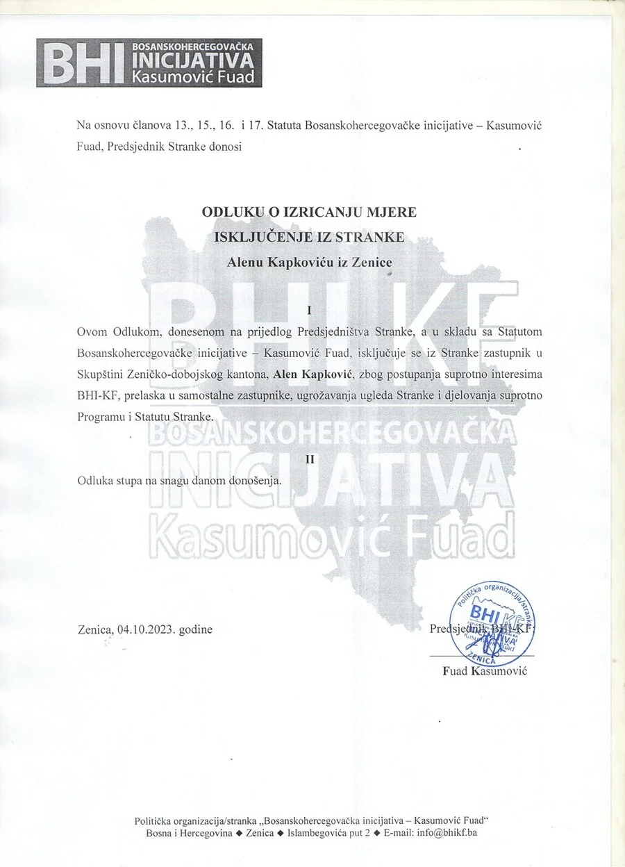 Iskljucenje Alena Kapkovica Iz BHI KF