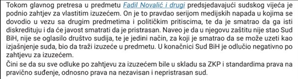 Izuzeće U Predmetu Fadil Novalić I Drugi