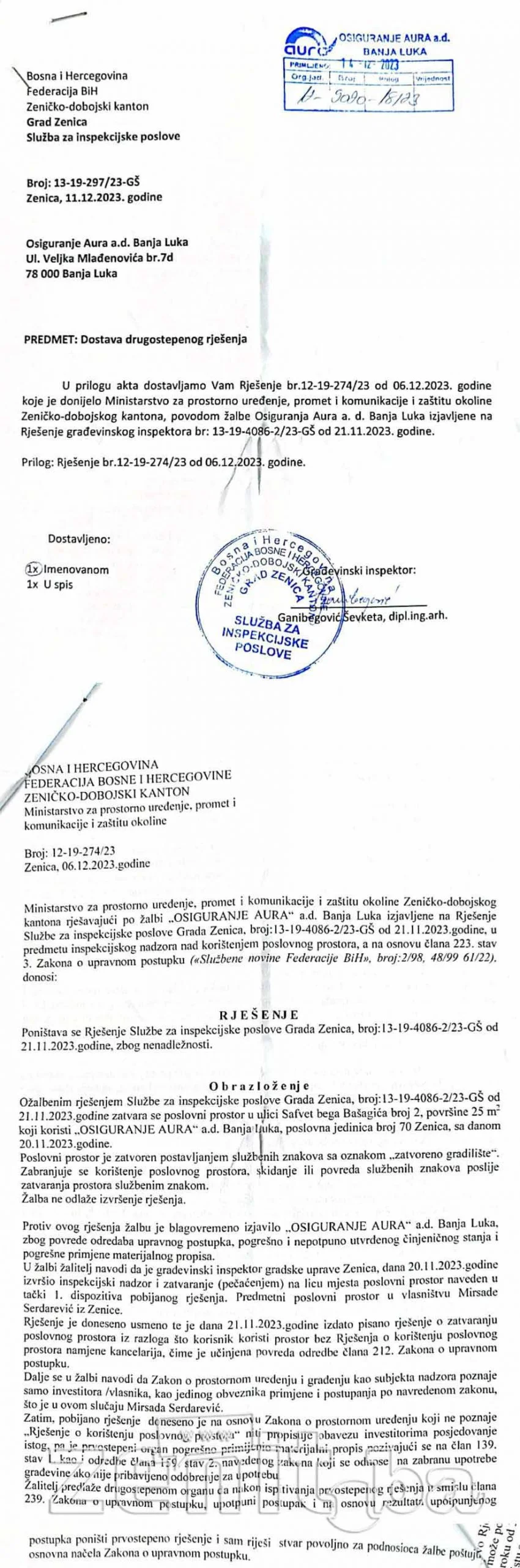 Grad Zenica Aura Osiguranje Drugostepena Rjesenja 1