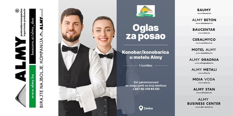 Prilika za posao: Potreban konobar ili konobarica za rad u Motelu Almy