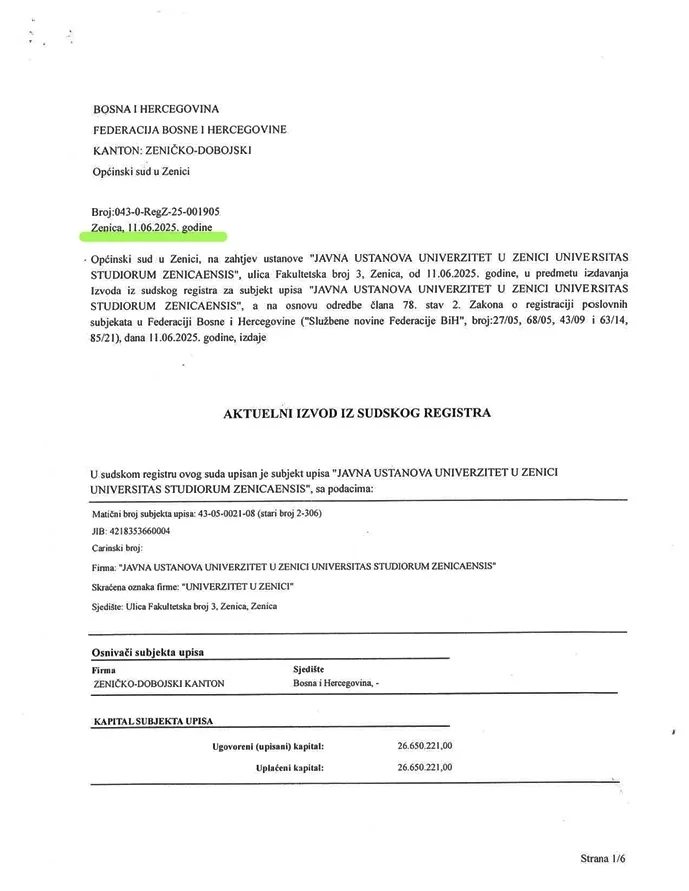 Izvod Iz Registra Suda UNZE 1