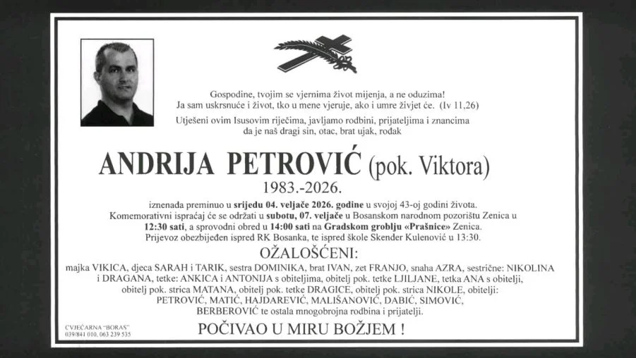 Posljednji ispraćaj Andrije Petrovića danas na Gradskom groblju Prašnice