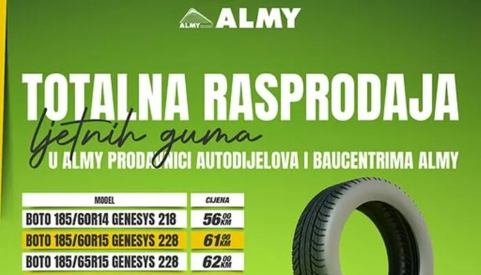 Velika rasprodaja BOTO ljetnih guma u ALMY prodavnici autodijelova i Baucentrima ALMY
